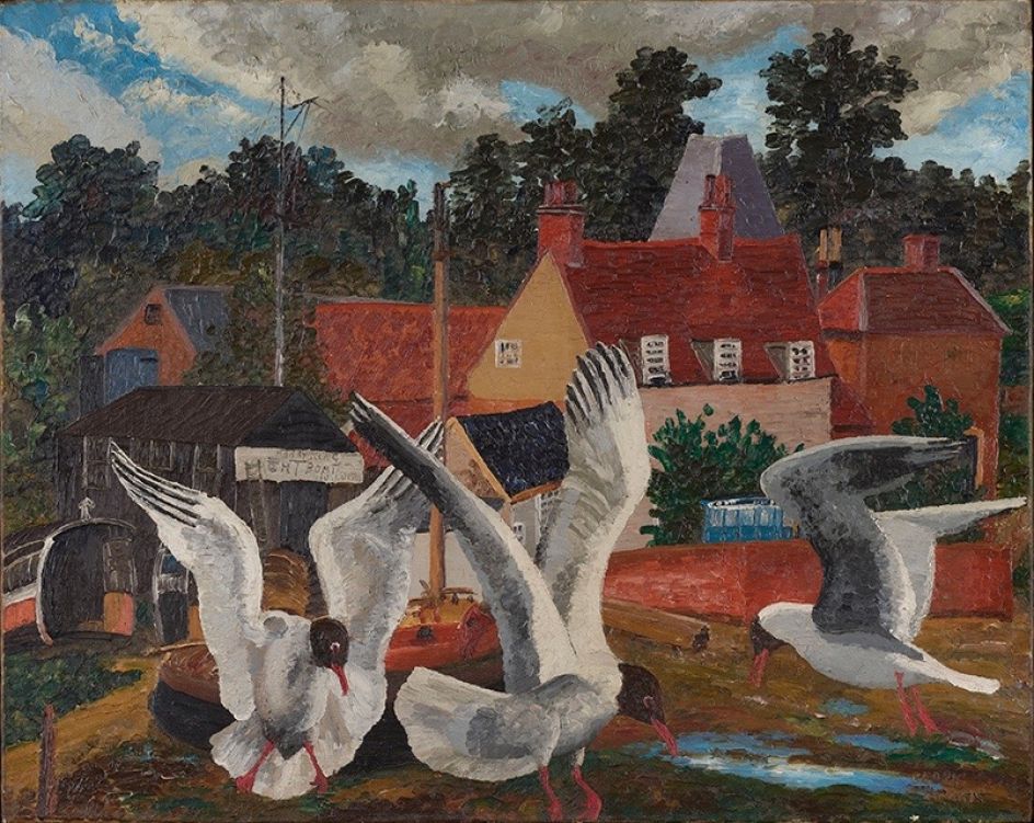 Pill Mill and Black Headed Gulls 1929, Babergh, Suffolk, England 251⁄2 x 32 in (64.8 x 81.2 cm) Oil on canvas ©Philip Mould & Company