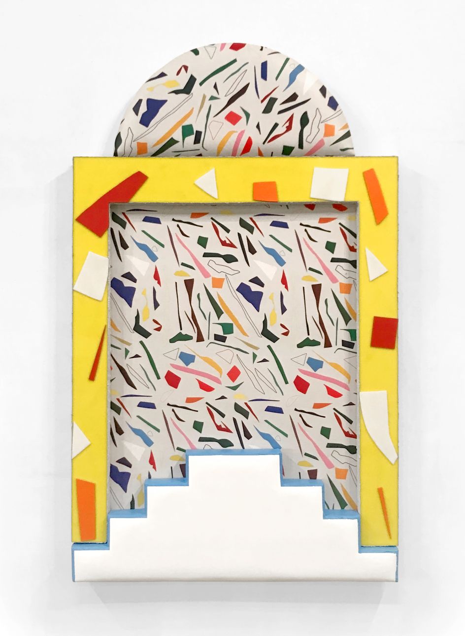 Leah Guadagnoli Number Two Song In Heaven, 2017 acrylic, pumice stone, molding paste, Plexiglas, PVC, digital print on fabric, canvas, insulation board, and polyurethane foam on aluminum panel 60h x 38w x 3d in Courtesy of the artist and VICTORI + MO