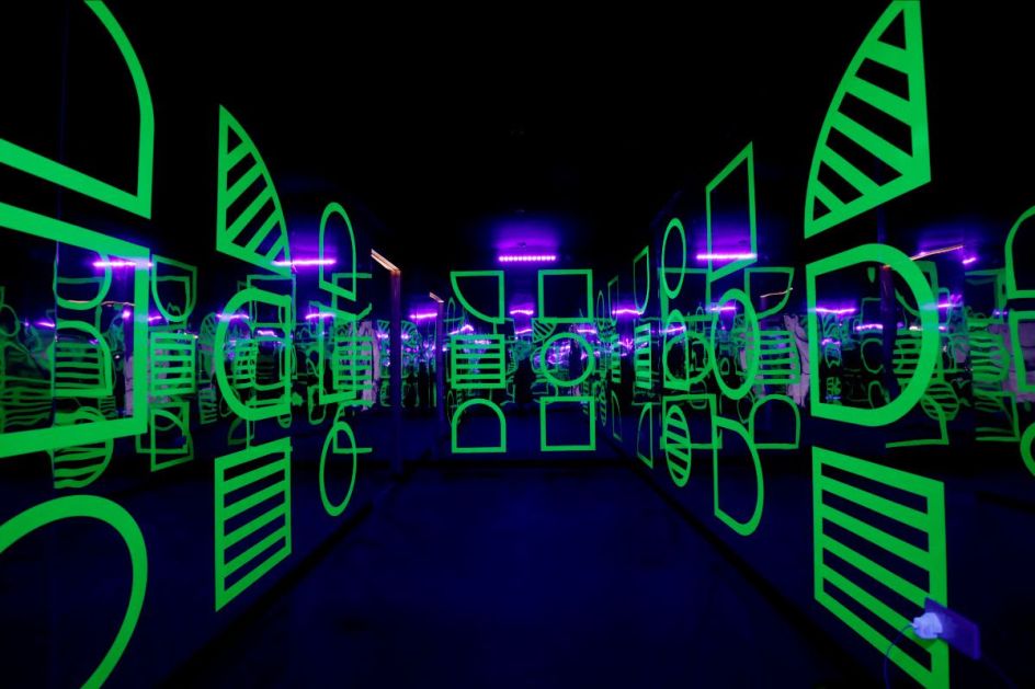 The disco room of Camille Walala's HOUSE OF DOTS installation for LEGO. Photo credit Getty Images.