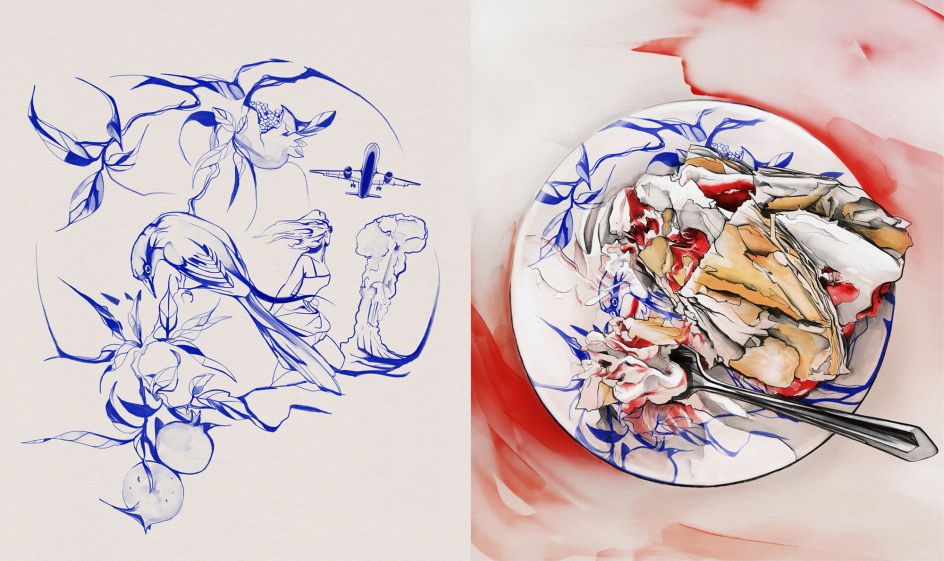 Reinvented Willow pattern WIP side by side with finished dessert plate