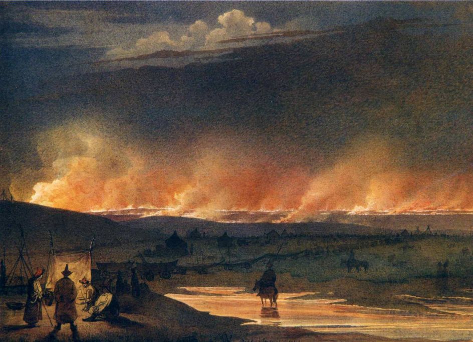 Taras Shevchenko (6). Fire in the Steppe, 1848. Watercolour on paper. 21,4 x 29,6 cm. Digital copy of the original. Courtesy of the Taras Shevchenko National Museum