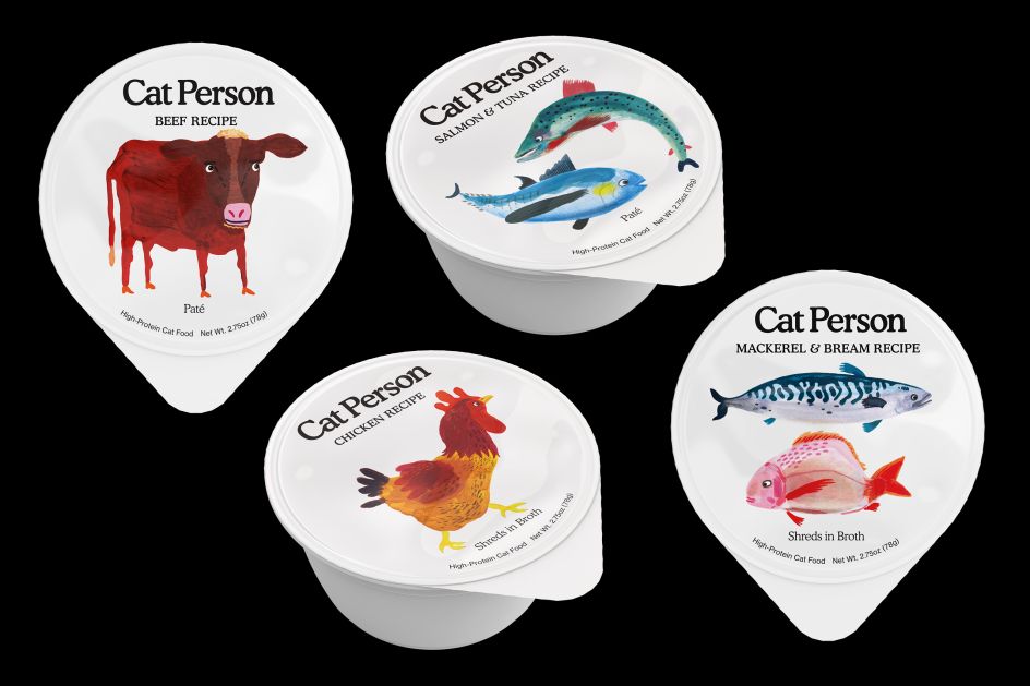 Wet food cups, with illustrations by Paul Davis