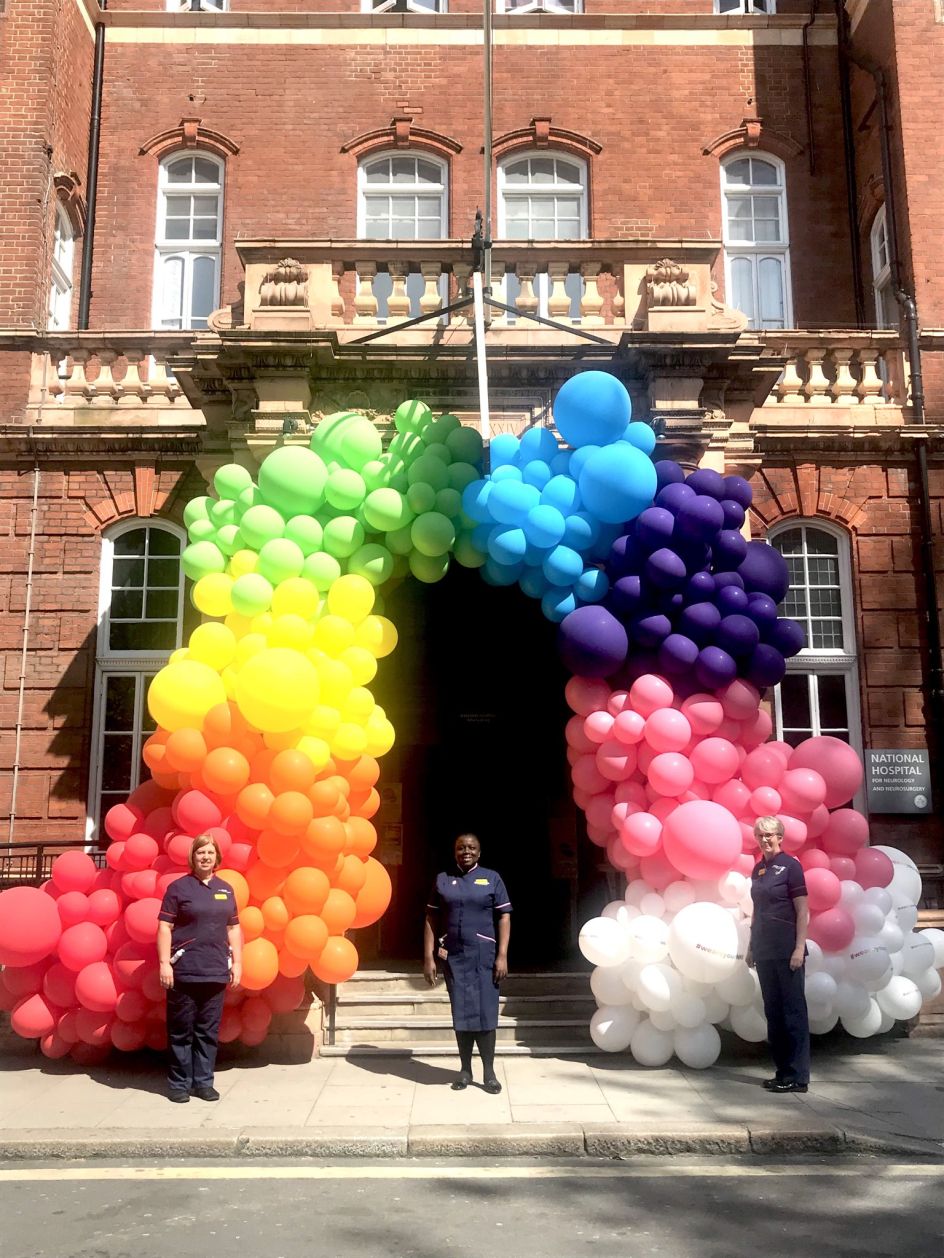 The rainbow arch at The National Hospital, with deputy chief nurse Natilla Henry (centre), matrons Alree Marsh (left) and Cathy Beaton (right)
