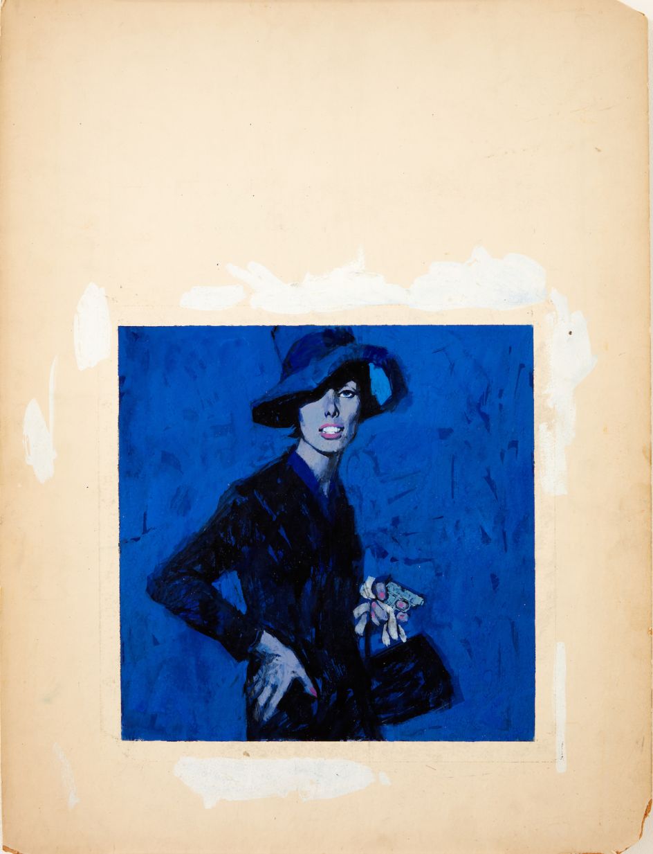 Renato Fratini, Lady in Blue, c 1960s, gouache on board, copyright Lever Gallery