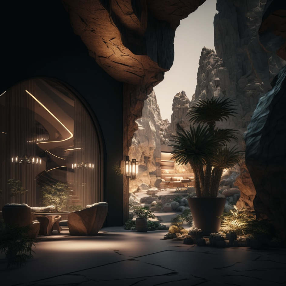 Image created by Interstate using MidJourney. The prompt was: Futuristic luxury interior set in mountains in Saudi Arabia