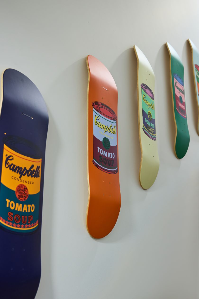 Andy Warhol inspired skateboards on show at Halcyon Gallery.