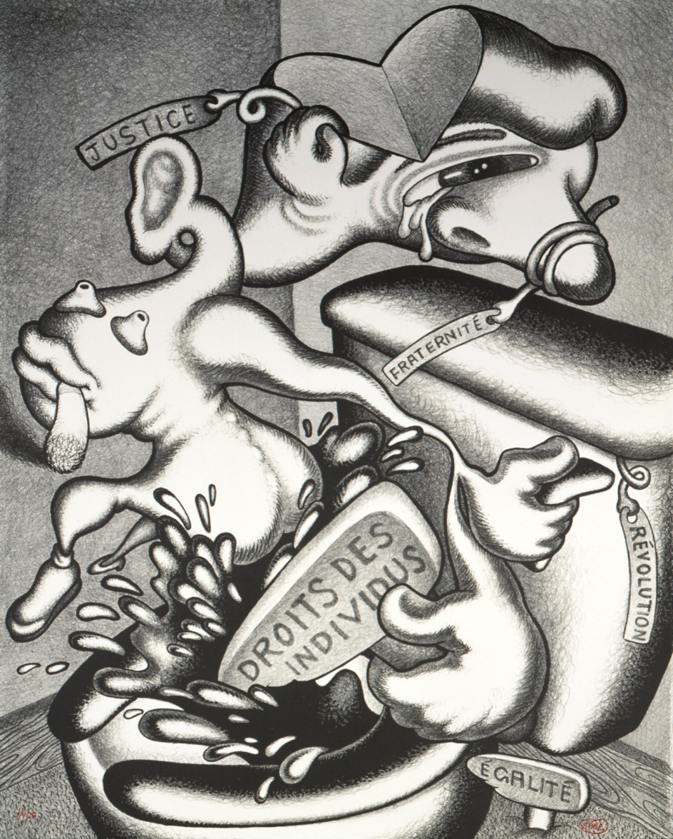 Peter Saul, Rights of the Individuals, 1989, coll. Centre national des arts plastiques, lithographie en NB, 70,7 x 55,6 cm © Peter Saul / Cnap /