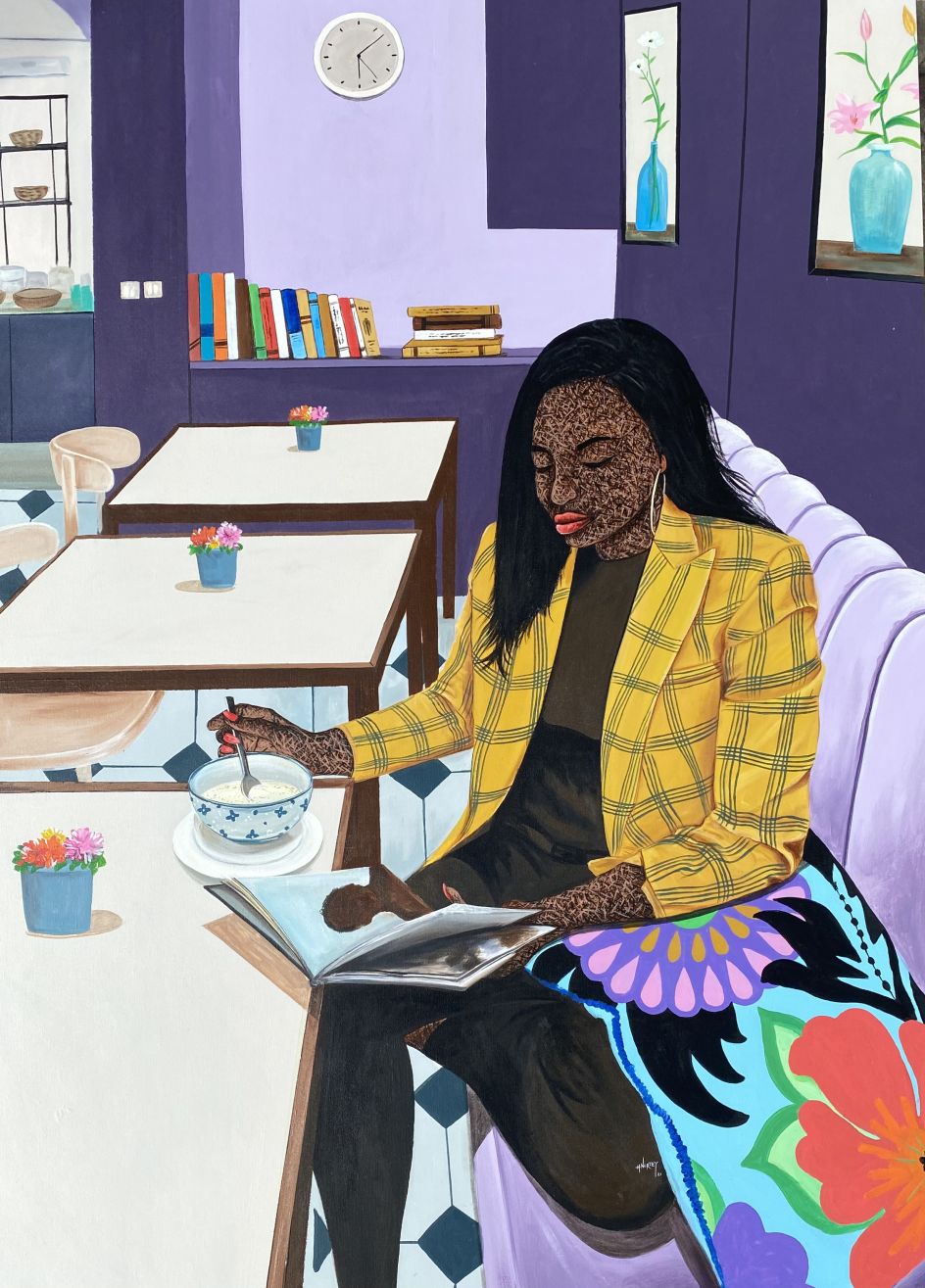 Hamid Nii Nortey, “Starve your distractions, feed your focus”, 2021. Acrylic on canvas. Courtesy of the artist and of ADA contemporary art gallery