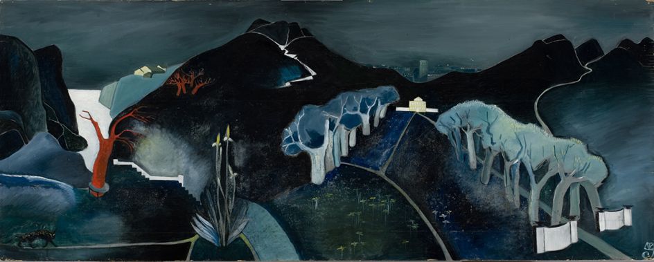 Tove Jansson, Mysterious Landscape, c. 1930, Oil on plywood, 61 x 152.5 cm, Ateneum Art Museum. Photo: Finnish National Gallery / Hannu Aaltonen