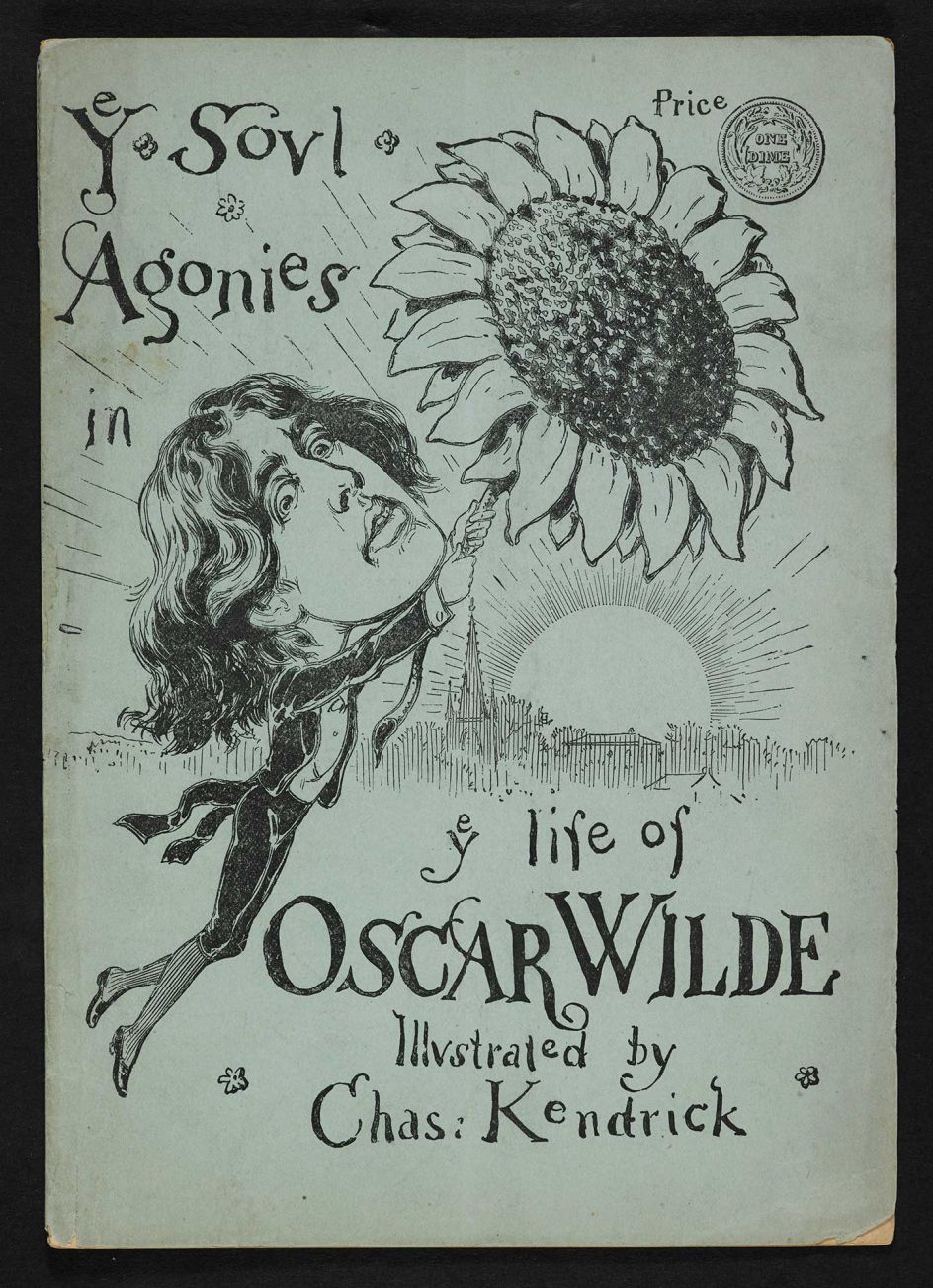 A caricature of Oscar Wilde holding onto a sunflower illustrated by Chas. Kendrick, dated 1882 (c) British Library Board