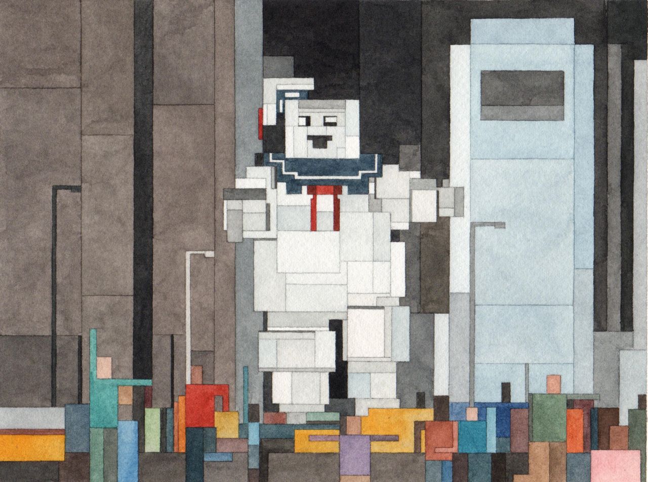 Watercolour paintings of cult films inspired by Atari and Nintendo