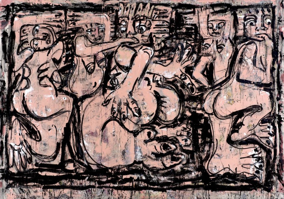 Daniel Crews-Chubb Rituals (bumba and belfie pink), 2016 Oil, acrylic, spray paint and charcoal on un-stretched canvas 254 x 340 cm © Daniel Crews-Chubb, 2017 Image courtesy of the Saatchi Gallery, London