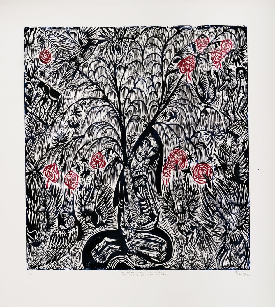 Arusha Gallery, John Abell, The Woman Feeds The Willow, Feeds the Flowers, Feeds the Birds, 2019, Linocut, 100 x 90cm. Photo credit: [John Sinclair](http://www.thebigsink.com)