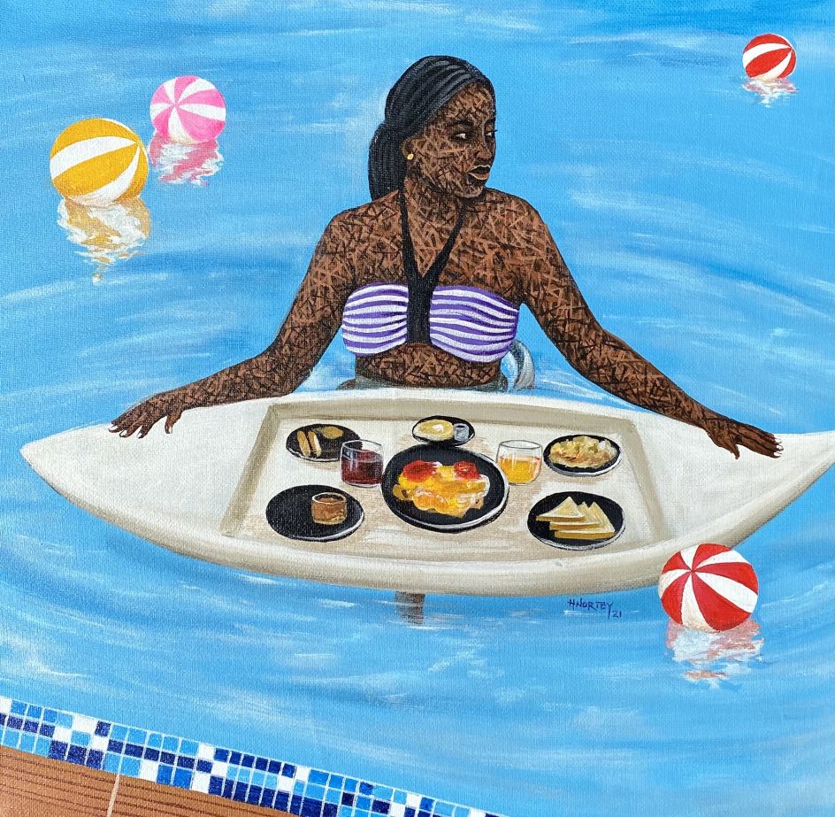 Hamid Nii Nortey, “A swim away from a good mood”, 2021. Acrylic on canvas. Courtesy of the artist and of ADA contemporary art gallery