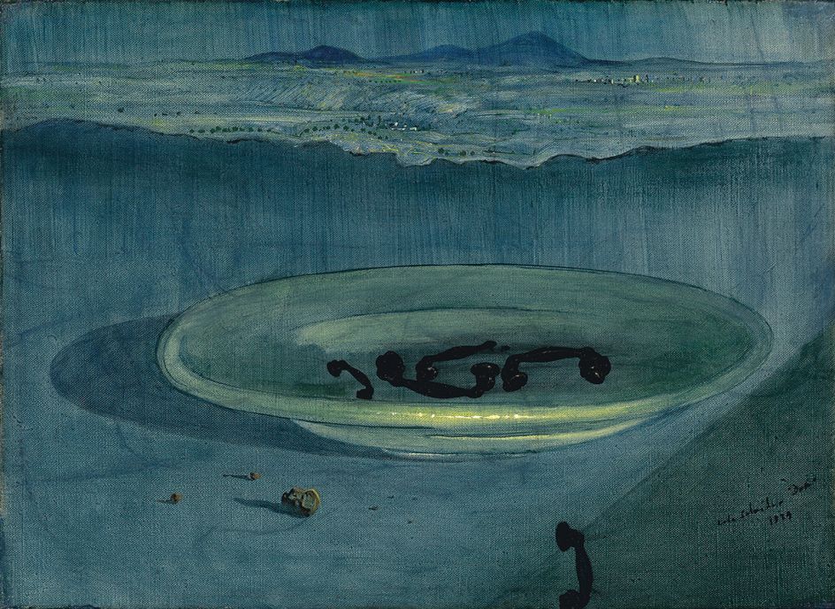 Salvador Dalí, Landscape with Telephones on a Plate, 1939, Oil on canvas, 21.5 x 29.5 cm, Courtesy Olivier Malingue Gallery