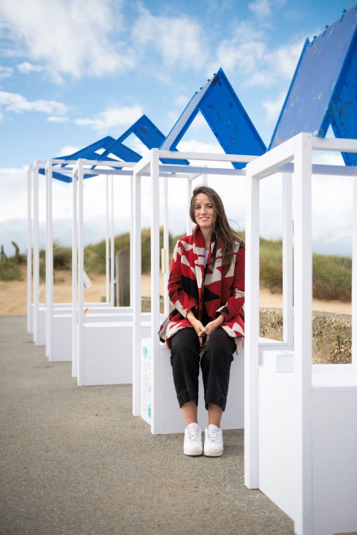 Artist Sally Hogarth at Sit, Stop on Redcar seafront. Image credit: Tracy Kidd. All images courtesy of Festival of Thrift