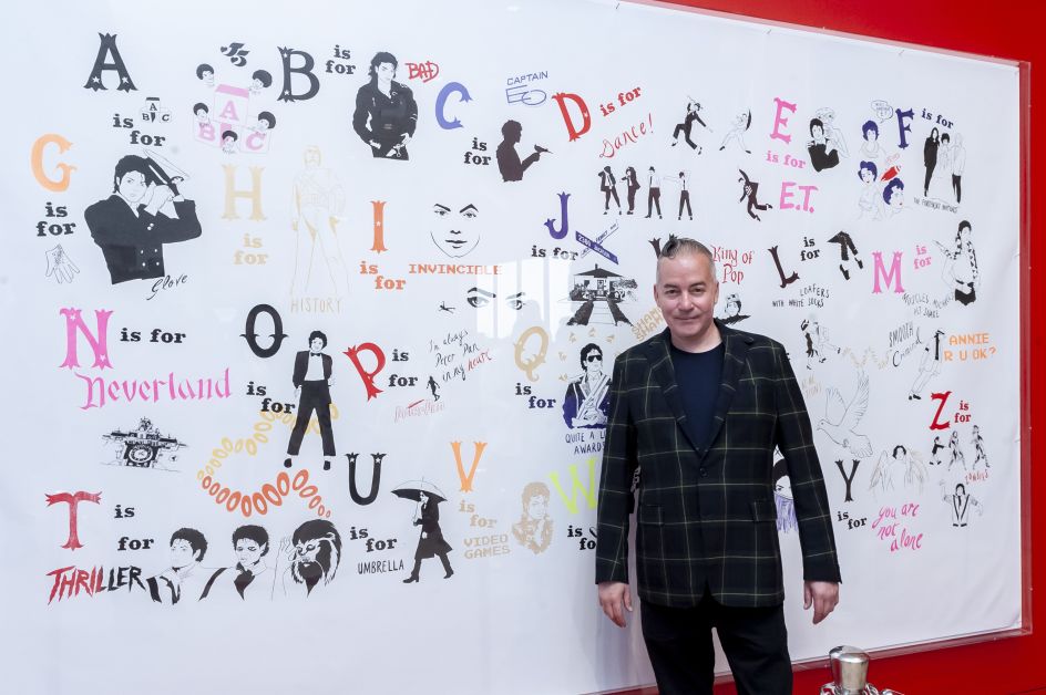 Donald Urquhart with his work, A Michael Jackson Alphabet 2017. Photograph by Jorge Herrera
