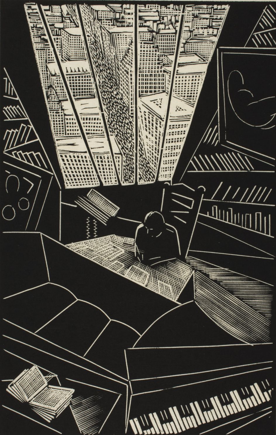 Of a Great City, 1923, by Wharton H. Esherick, American, 1887 - 1970. Wood engraving, image: 9 15/16 x 6 5/16 inches, sheet: 11 7/16 x 7 1/2 inches. Philadelphia Museum of Art: Purchased with the Lola Downin Peck Fund from the Carl and Laura Zigrosser Collection, 1979-12-11