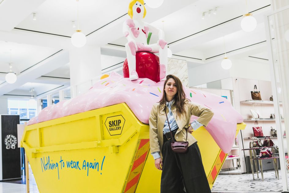 Artist Maja Djordjevic alongside her work Nothing To Wear Again! commissioned by SKIP Gallery. Photography by  Ali Tollervey