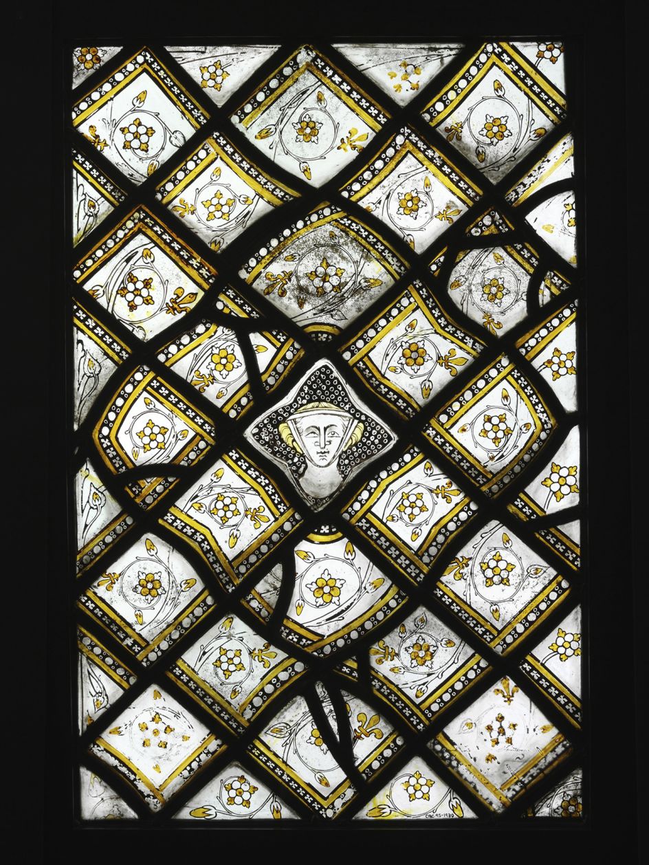 Stained Glass Panel with Quarries and a Female Head, about 1320–4 Paris Grisaille glass with silver stain, 59.5 × 39 cm Victoria and Albert Museum, London, CIRC.95-1930