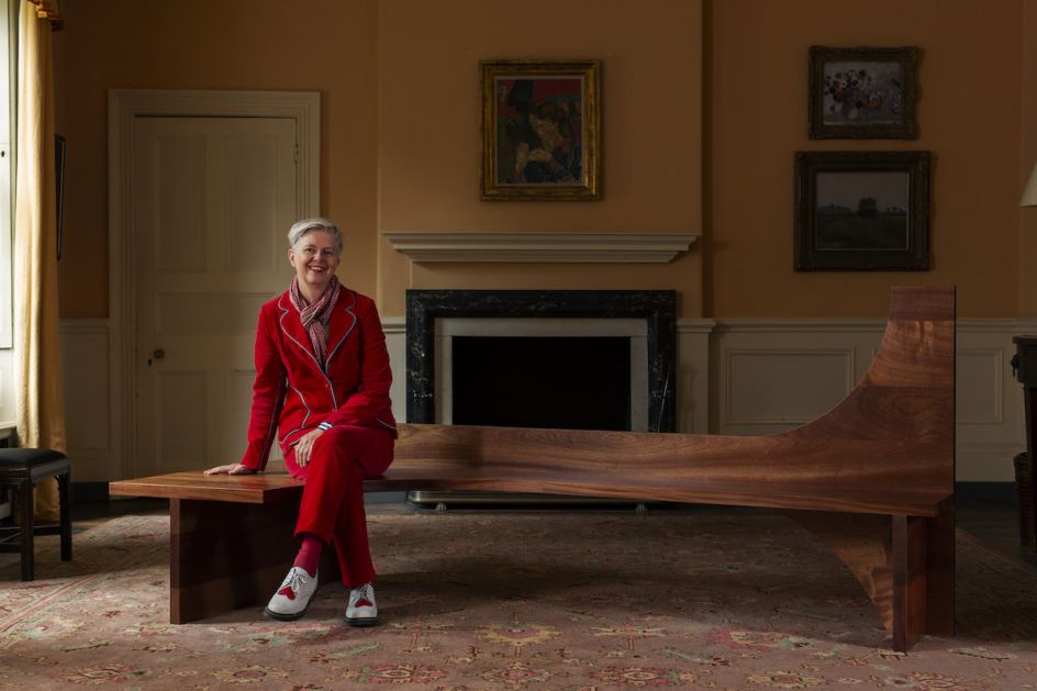 Nina Tolstrup sitting on her bespoke chair for Please Sit at Fenton House. Photo: Oskar Proctor