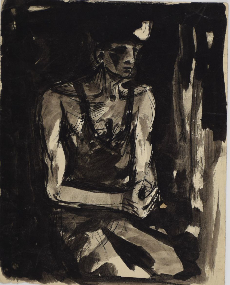 David McClure. Head of a Miner. 1948. Pen and ink on paper. 225mm x 235mm. Photograph: Richard Hawkes. Copyright: The David McClure Estate. Courtesy of The Auckland Project.