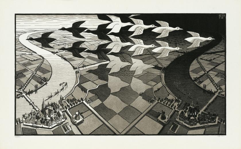 [M.C. Escher](https://www.mcescher.com) Day and Night, 1938. M.C. Escher Heritage Collection, The Netherlands All M.C. Escher works © 2026 The M.C. Escher Heritage, Baarn, The Netherlands. All rights reserved