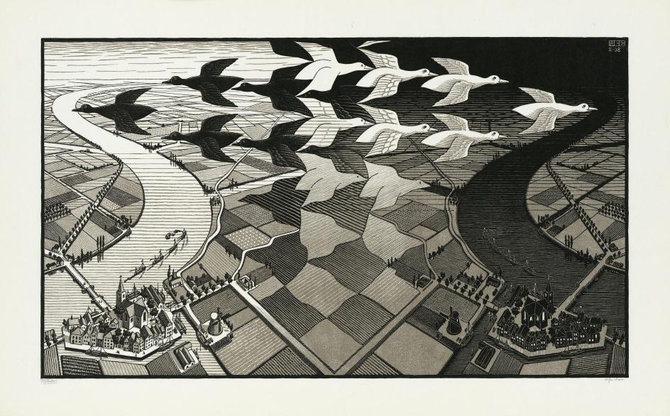 [M.C. Escher](https://www.mcescher.com) Day and Night, 1938. M.C. Escher Heritage Collection, The Netherlands All M.C. Escher works © 2026 The M.C. Escher Heritage, Baarn, The Netherlands. All rights reserved