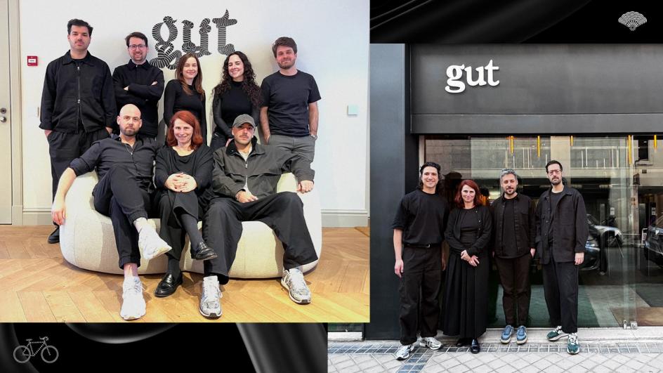 Left: Gut Amsterdam. L-r, top row: Alex Romero, Cathal Tolton, Marina Perta, Pamela Bianda, Lorenzo Prati, (bottom row) Bruno Steffen, Eva Rausch and Gaston Gual. Gut Madrid. L-r: Santiago Gonzalez, Eva Rausch, Daniel Kolb, Roberto Gabián