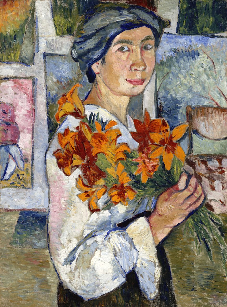 Natalia Goncharova (1881- 1962) Self-Portrait with Yellow Lilies 1907-1908 Oil paint on canvas 775 x 582 mm State Tretyakov Gallery, Moscow. Purchased 1927 © ADAGP, Paris and DACS, London 2019