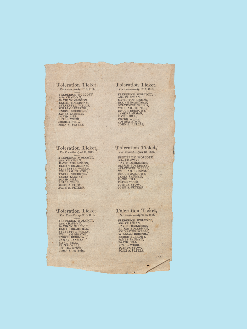 Toleration Ticket, Connecticut, 1818. This early ballot has the party list printed multiple times on one sheet to save paper. The individual tickets would have been trimmed and distributed to voters.