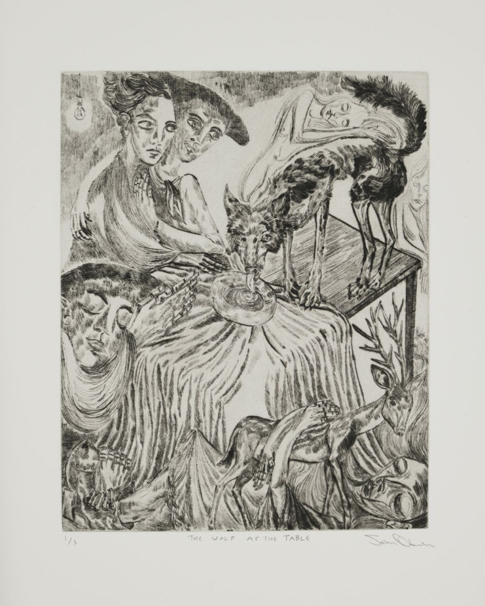 Arusha Gallery, John Abell, The Wolf at the Table, 2019 drypoint engraving, 57.5 x 37.5 cm. Photo credit: [John Sinclair](http://www.thebigsink.com)