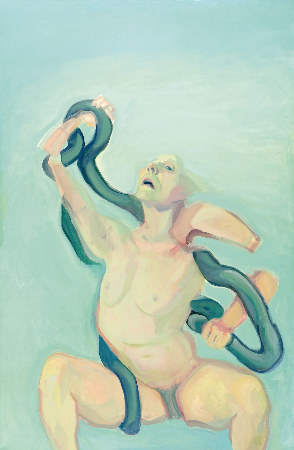 Maria Lassnig, Woman Laokoön, 1976, oil on canvas, 193 x 127 cm (76 x 50 in), Neue Galerie Graz, Universalmuseum Joanneum, Austria. Picture credit: Neue Galerie Graz, Universalmuseum Joanneum. © Maria Lassnig foundation. Photo: N. Lackner / UMJ