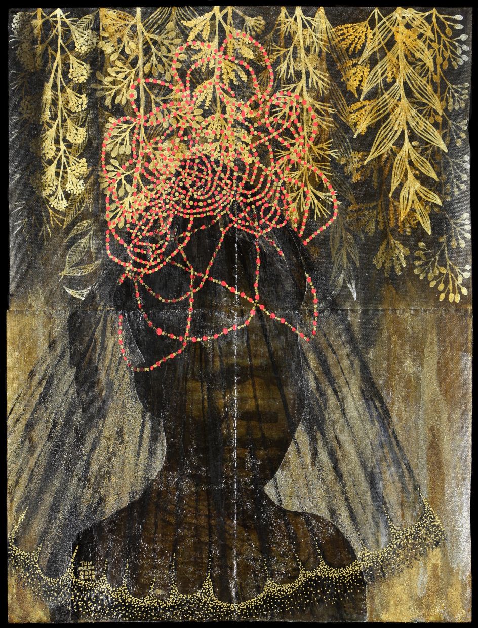 Tuli Mekondjo (Namibia), Onghulungubu Hai Pwa Makiya / Grandmothers always have wise things to say (2019), mix media on canvas. Courtesy of the artist and Guns & Rain Gallery