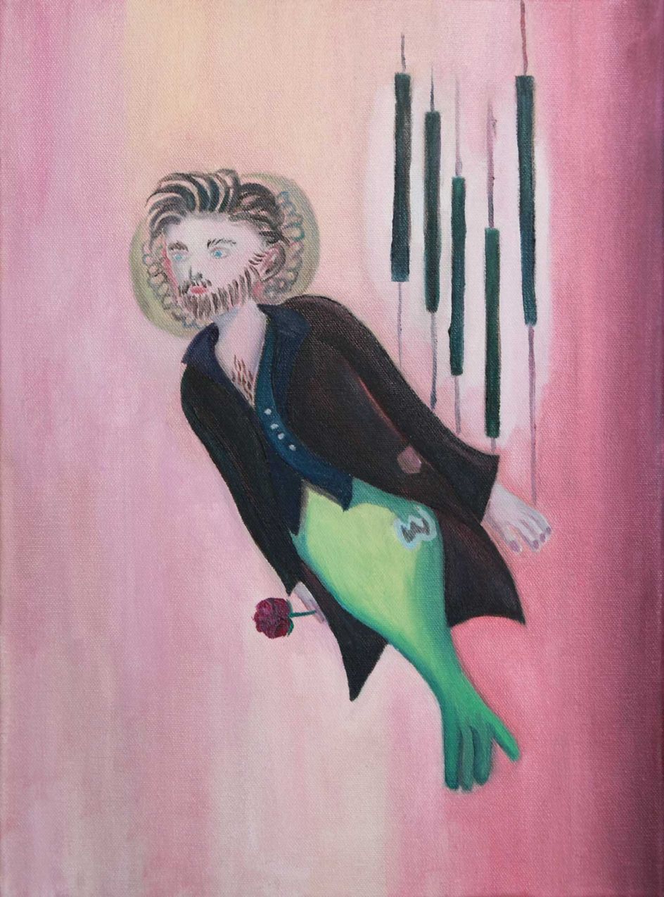 Merman carries a red rose