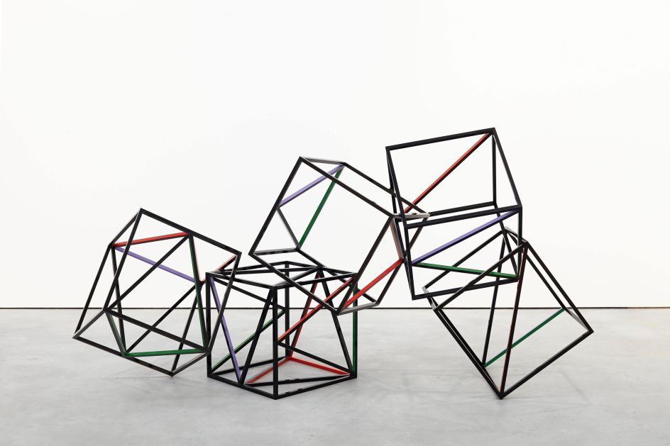 Eva Rothschild Fall, Fall, and Falling, 2014, Powder coated steel, enamel paint, 118 x 240 x 100 cm, 46 1/2 x 94 1/2 x 39 3/8 ins, Copyright the artist, courtesy Stuart Shave/Modern Art, London