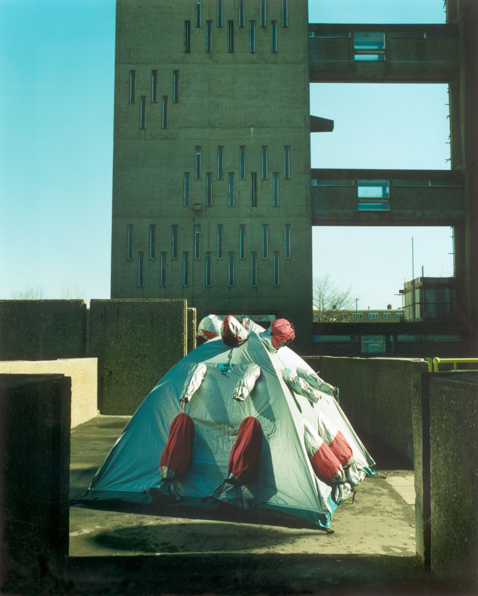 Refuge Wear Intervention, London East End 1998 by Lucy + Jorge Orta. Photograph by John Akehurst