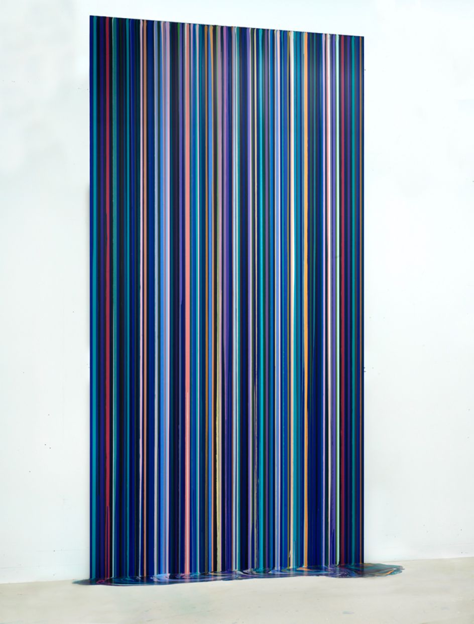 Ian Davenport Cobalt Blue Water Ian Davenport: Cascade 5 November 2017 – 6 January 2018 Visuals for the Press  2017 acrylic on stainless steel mounted on aluminium panel (with floor piece) 380 x 200 cm