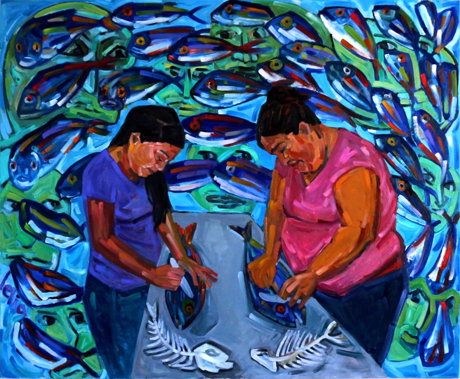 Fish Cleaners: Rosa and Ruth, by Lelia Byron, oil on canvas, 168 x 137 cm, 2016.