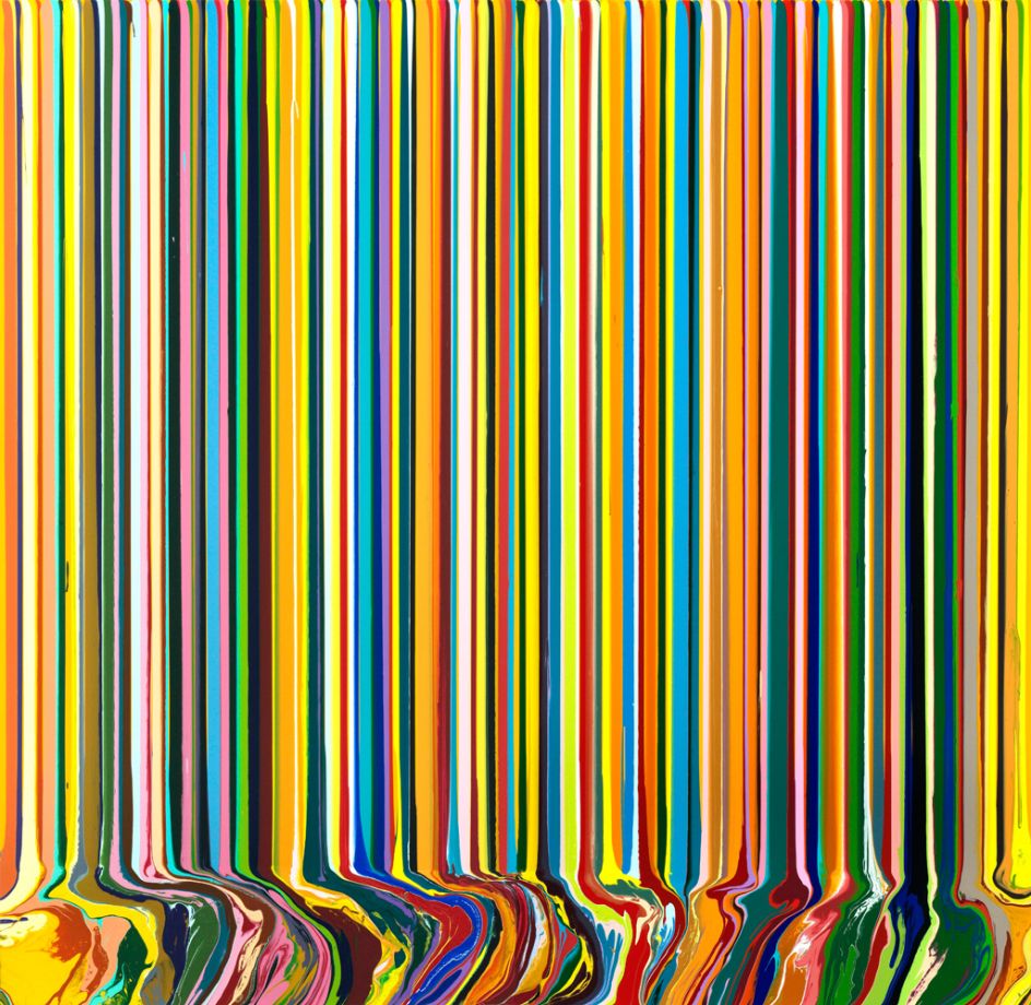 Ian Davenport Yellow Portrait 2017 acrylic on stainless steel mounted on aluminium panel 200 x 200 cm