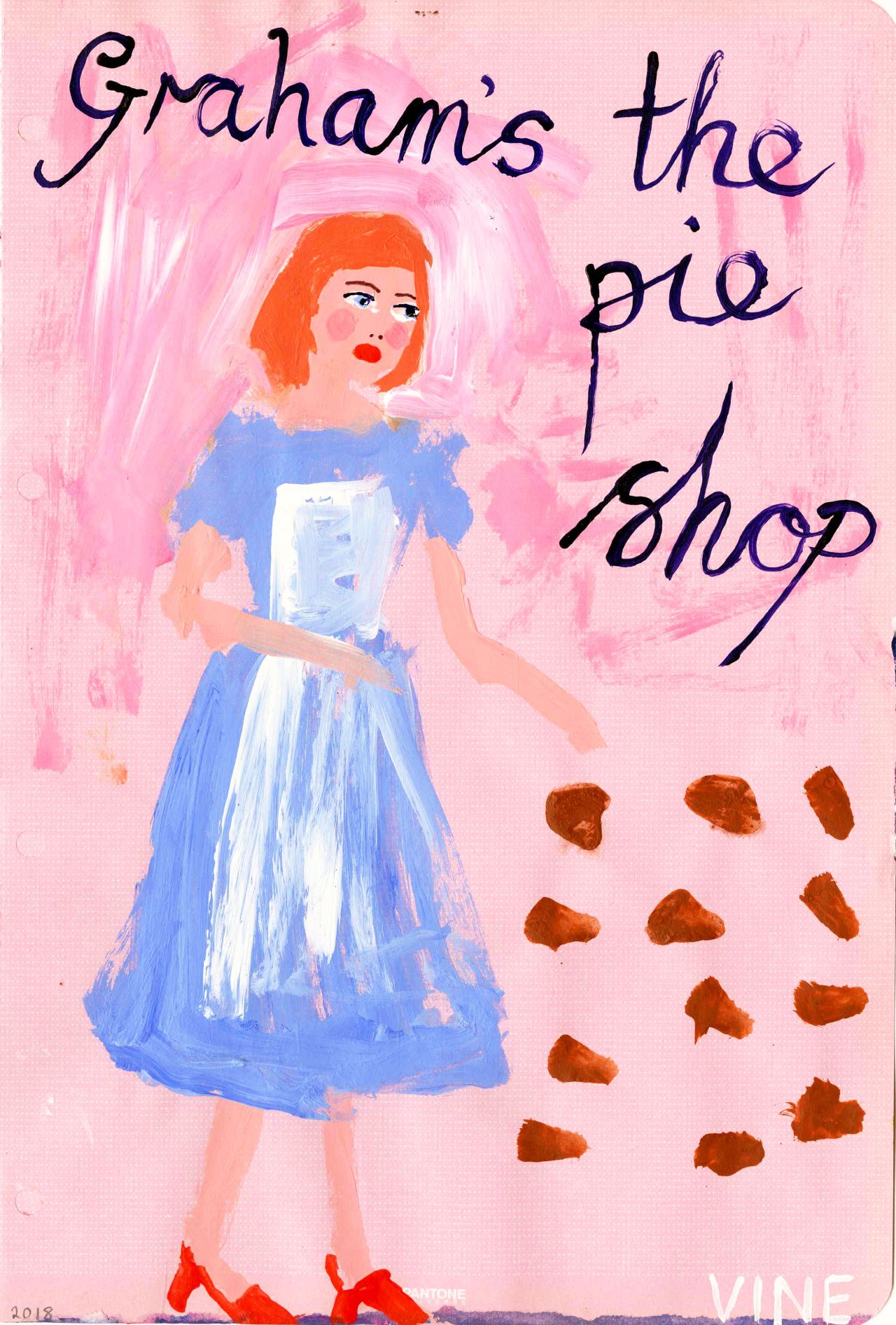 ‘Graham’s the pie shop, Howick Street’, (Alnwick), 21cm x 29.7cm, acrylic on paper, 2018 © Stella Vine
