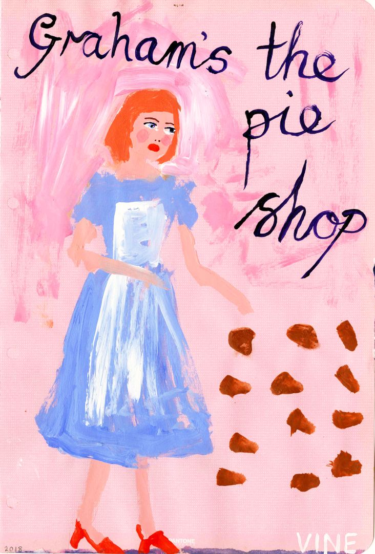 ‘Graham’s the pie shop, Howick Street’, (Alnwick), 21cm x 29.7cm, acrylic on paper, 2018 © Stella Vine