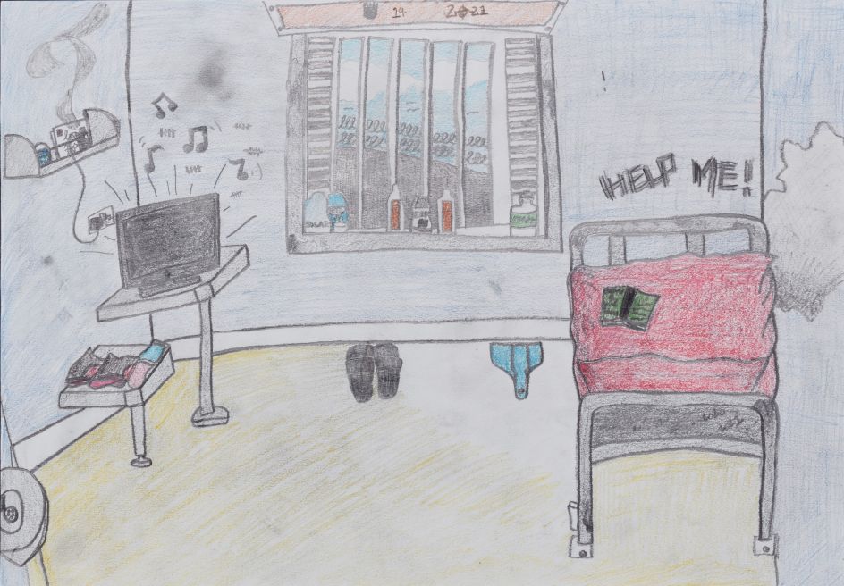 Cellular Confinement, HM Young Offender Institution Polmont, Highly Commended Award for Drawing,  pencil on paper