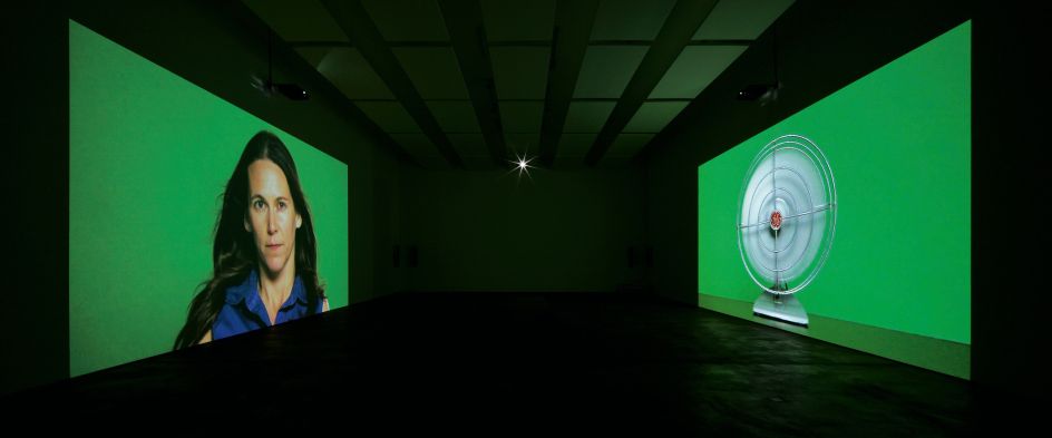 Barbara Kruger, The Globe Shrinks, 2010, four-channel video installation; color, sound; 12 min., 43 sec., courtesy of Sprüth Magers, installation view, Sprüth Magers, Berlin, 2010, © Barbara Kruger, photo by Jens Ziehe, courtesy of Sprüth Magers