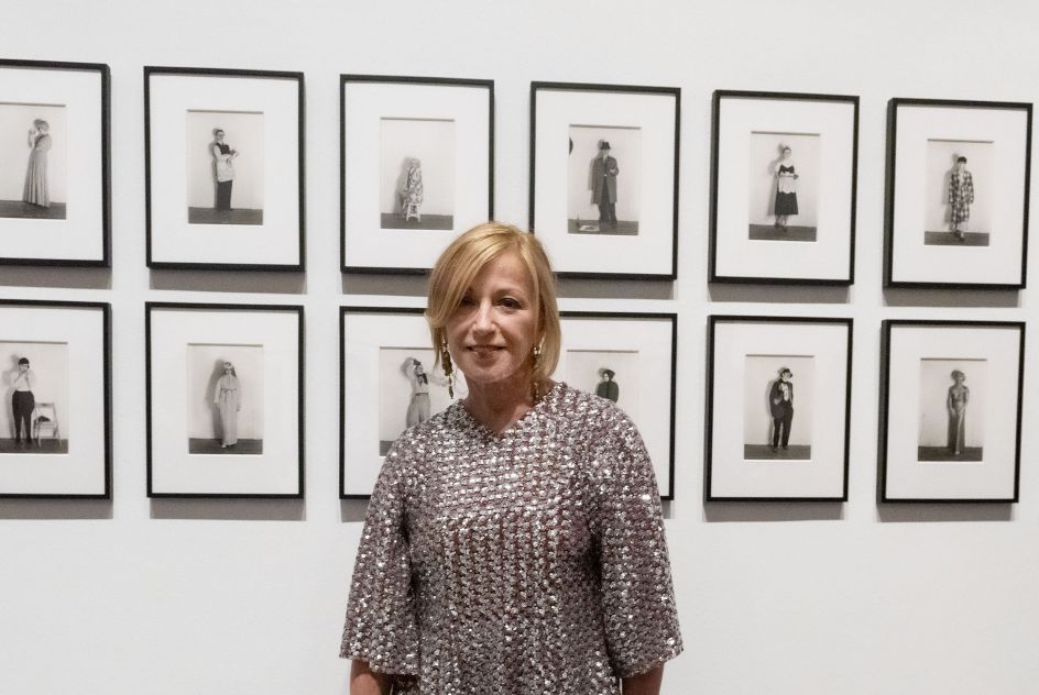 Cindy Sherman with her work Untitled (Murder Mystery People), 1976/2000, on display in Cindy Sherman, National Portrait Gallery London. Photograph by Alastair Fyfe Photography