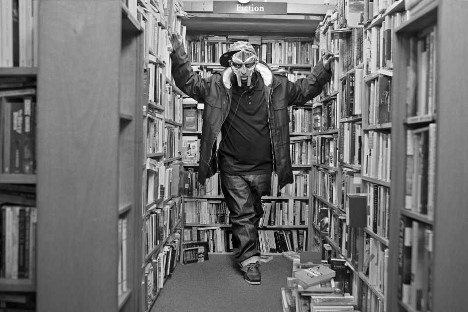 Rapper/producer MF DOOM wearing his Clarks Originals collaboration, the Wallabee Doom, at Skoob Books, Bloomsbury, London, 2014. Photograph Martin Zähringer. Courtesy Martin Zähringer/One Love Books