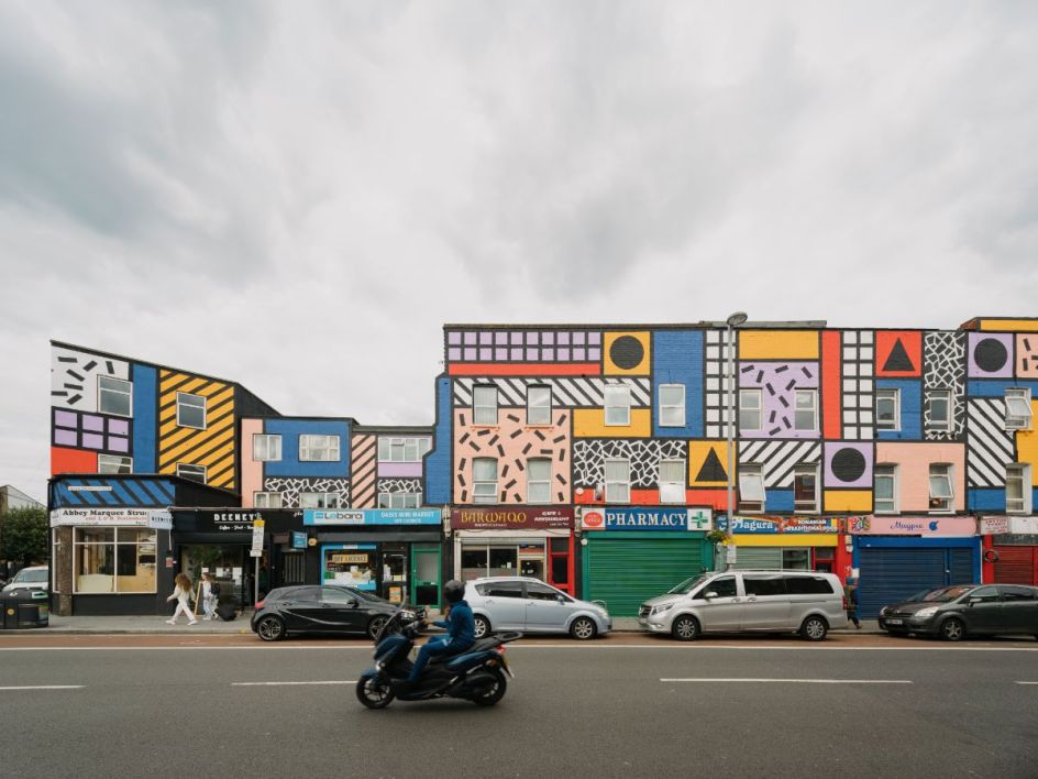 Walala Parade by Camille Walala in Leyton. Commissioned by Wood Street Walls. Photography by Tim Crocker