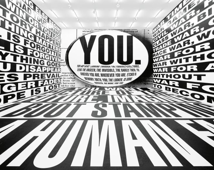 Barbara Kruger, Untitled (Forever), 2017, digital print on vinyl wallpaper and floor covering, dimensions variable, Amorepacific Museum of Art (APMA), Seoul, installation view, Sprüth Magers, Berlin, 2017–18, © Barbara Kruger, photo by Timo Ohler, courtesy of Sprüth Magers