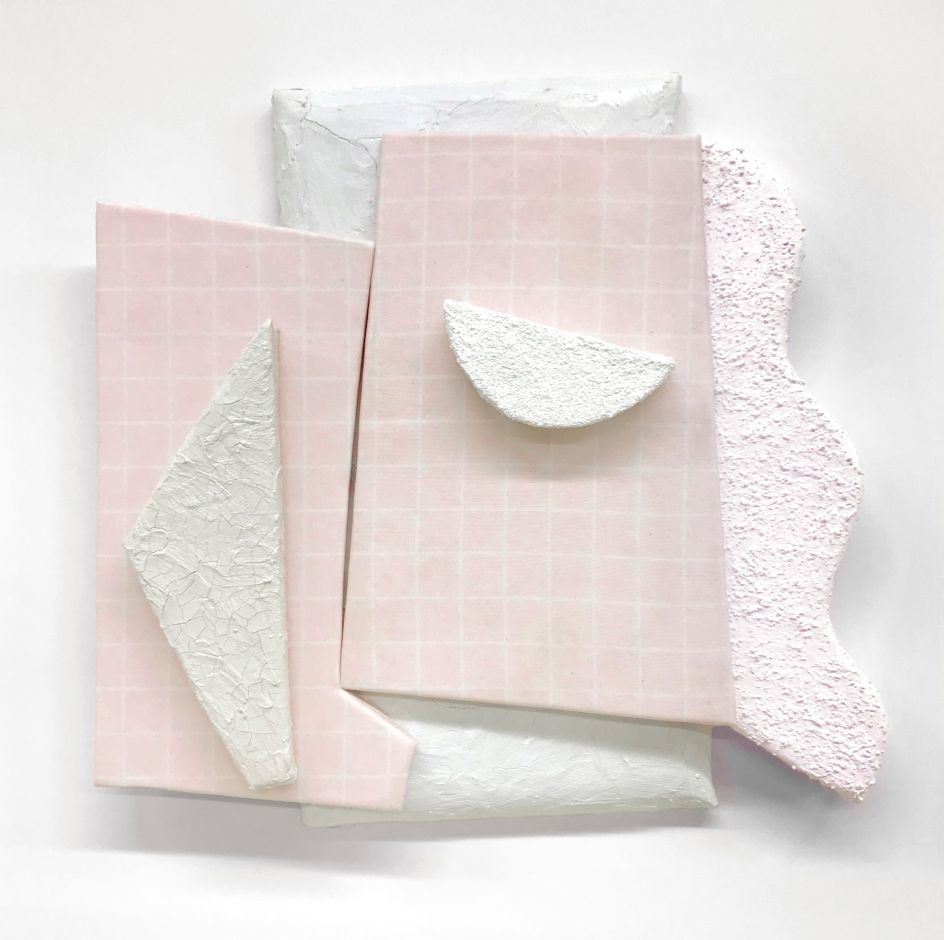 Leah Guadagnoli They’re Just Shapes, 2018 acrylic, pumice stone, crackle paste, digital print on fabric, canvas, insulation board, and polyurethane foam on aluminum panel 18 x 16 1⁄2 x 3 inches Courtesy of the artist and VICTORI + MO