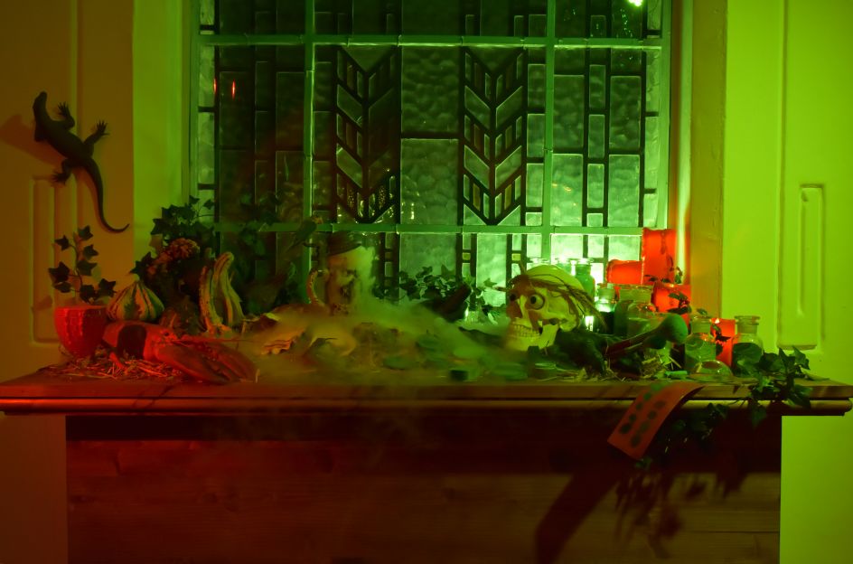 Vanitas installation, with themes of death and decay.